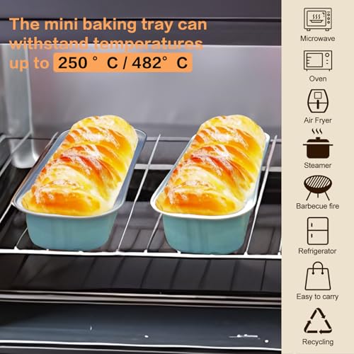 OBXMLFY 100 Pack Mini Cake Pans with Lids and Spoons, Mini Loaf Baking Pans 6.8oz, Small Disposable Aluminum Foil Loaf Pans, Rectangular Baking Containers for Party and Picnics, Cheesecake Pans (Blue) - Image 4