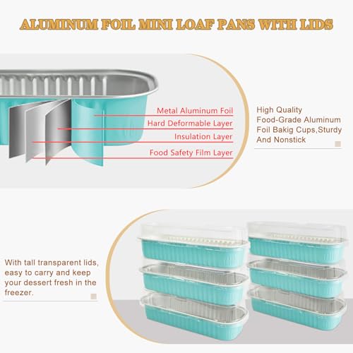 OBXMLFY 100 Pack Mini Cake Pans with Lids and Spoons, Mini Loaf Baking Pans 6.8oz, Small Disposable Aluminum Foil Loaf Pans, Rectangular Baking Containers for Party and Picnics, Cheesecake Pans (Blue) - Image 3