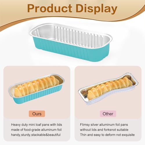 OBXMLFY 100 Pack Mini Cake Pans with Lids and Spoons, Mini Loaf Baking Pans 6.8oz, Small Disposable Aluminum Foil Loaf Pans, Rectangular Baking Containers for Party and Picnics, Cheesecake Pans (Blue) - Image 5