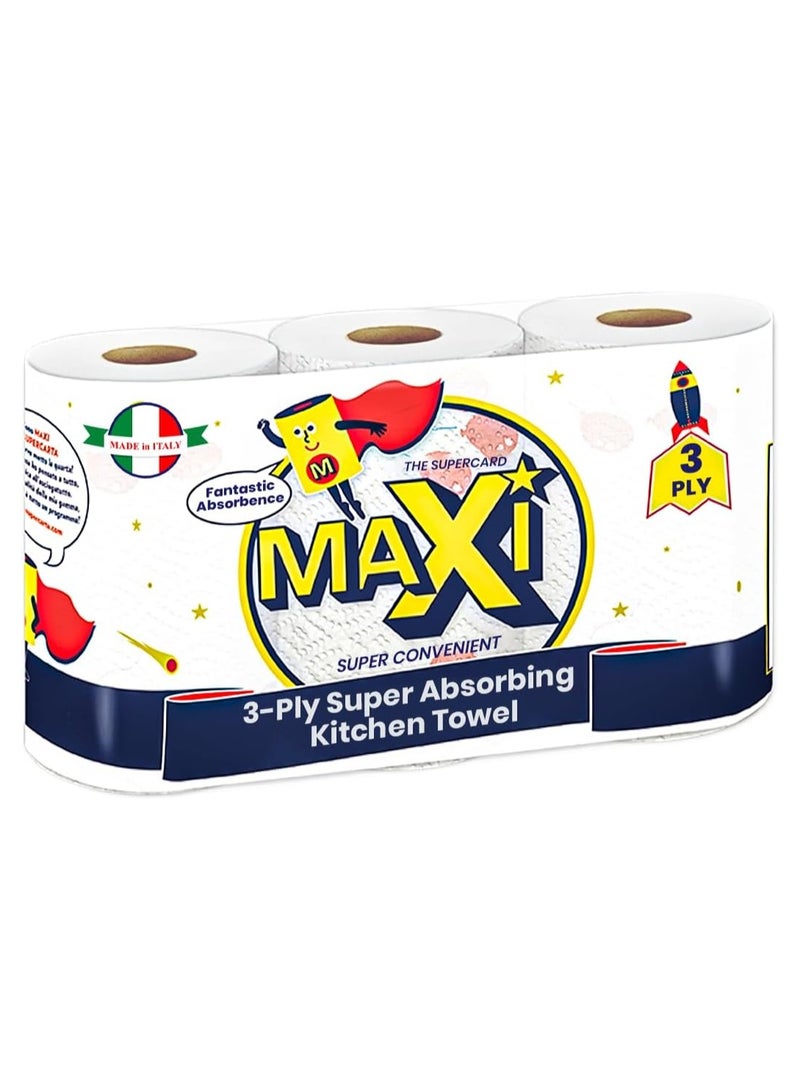 Maxi Supercarta 3-Ply Kitchen Paper Towels, Pack of 3, 210 x 216mm per Sheet, Soft and High Absorbent - Image 1