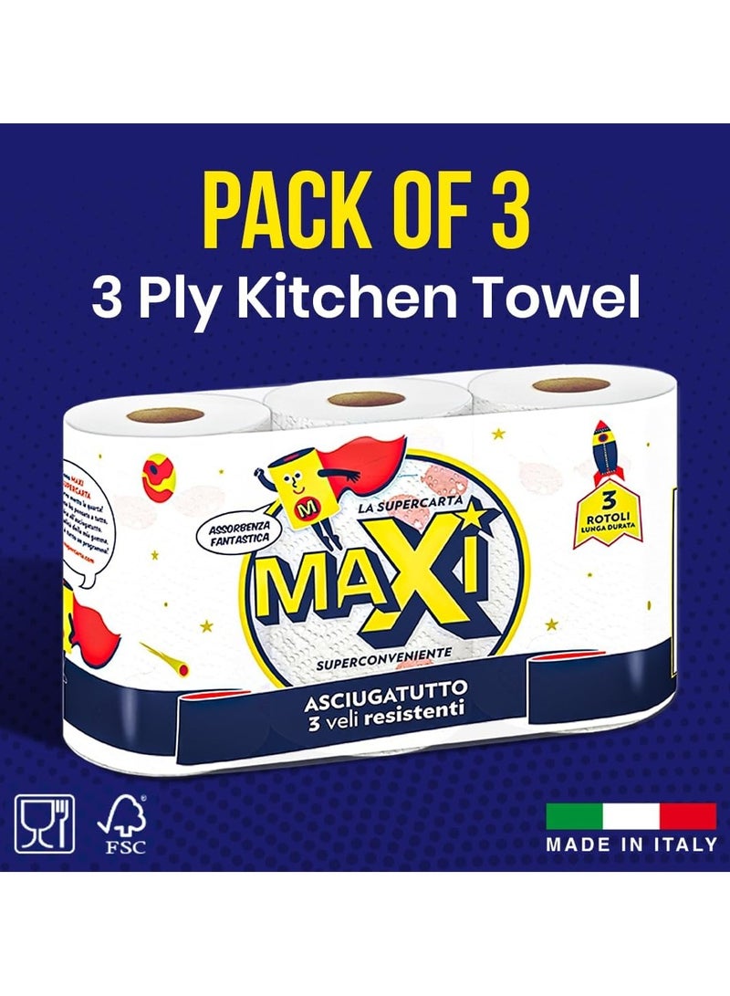 Maxi Supercarta 3-Ply Kitchen Paper Towels, Pack of 3, 210 x 216mm per Sheet, Soft and High Absorbent - Image 2