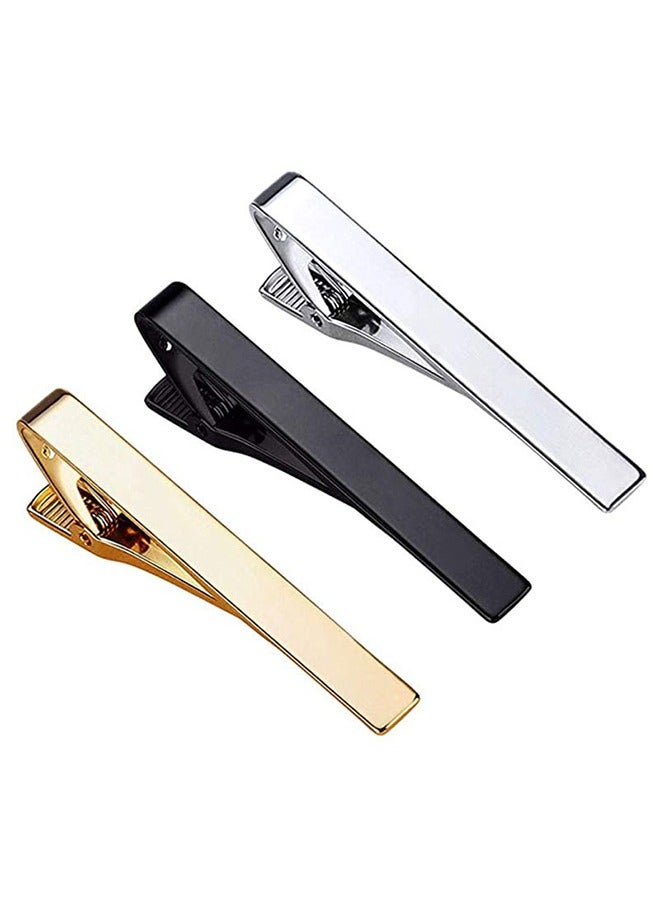 Men's Tie Clips 3-Pack Metal Tie Bar Set Black Gold Silver Simple Design for Wedding Business and Daily Use - Image 1