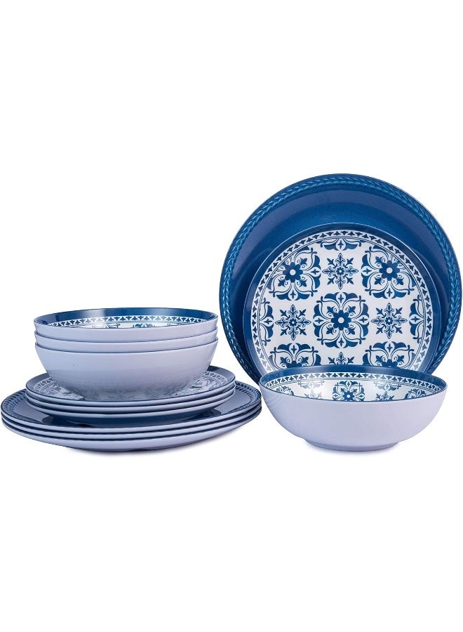 Webbylee طقم أدوات المائدة من الميلامين 12 قطعة للأكل في الهواء الطلق والداخلية أطباق وأوعية خدمة لـ 4 آمنة في غسالة الصحون مزينة بزهور زرقاء - Image 1