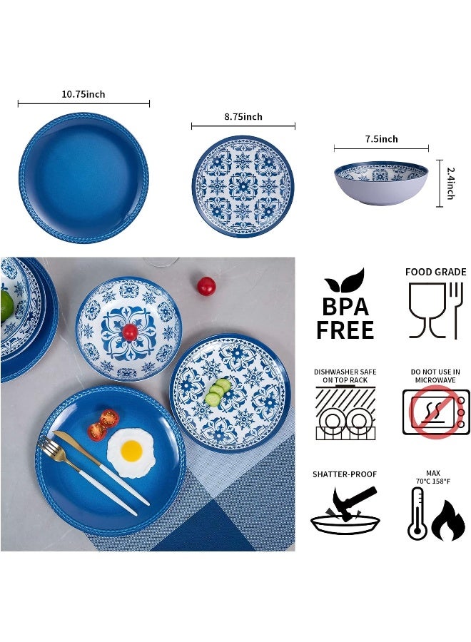 Webbylee طقم أدوات المائدة من الميلامين 12 قطعة للأكل في الهواء الطلق والداخلية أطباق وأوعية خدمة لـ 4 آمنة في غسالة الصحون مزينة بزهور زرقاء - Image 2