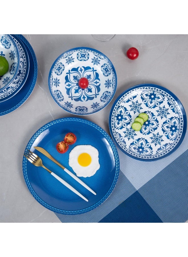 Webbylee طقم أدوات المائدة من الميلامين 12 قطعة للأكل في الهواء الطلق والداخلية أطباق وأوعية خدمة لـ 4 آمنة في غسالة الصحون مزينة بزهور زرقاء - Image 3