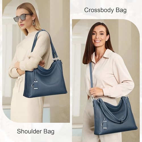 Over Earth Genuine Leather Purses for Women Large Hobo Bags Lady Shoulder Handbags with Detachable Strap (O103E Indigo Blue) - Image 2