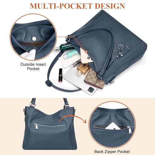 Over Earth Genuine Leather Purses for Women Large Hobo Bags Lady Shoulder Handbags with Detachable Strap (O103E Indigo Blue) - Image 4