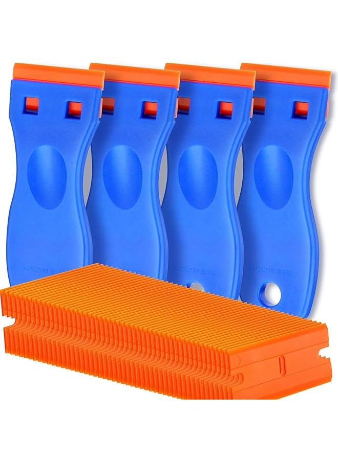 PROMASS promass 4 Pcs Plastic Razor Blade Scraper and 100 Pcs Blades, Remove Label Decal Tool, Plastic Razor Blade Scraper, Adhesive Remover for Stickers, Gaskets and Paints on Window Car Glass  - Image 1