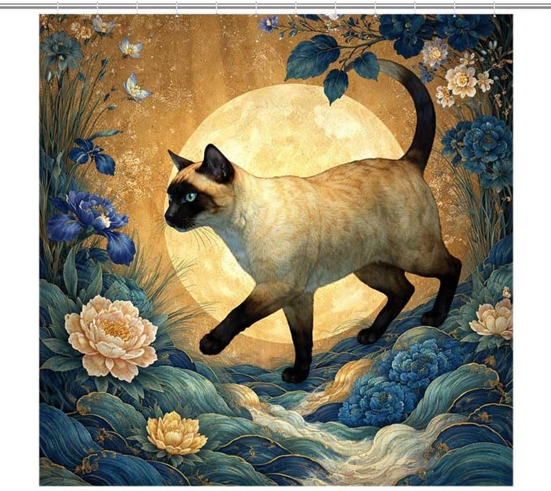 Cat Walking on Waves with Moon and Flowers in BackgroundShower Curtain for Bathroom Waterproof Tan Shower Curtain with Hooks 71 inch x 71 inch - Image 1