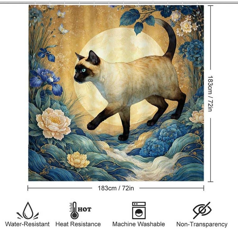 Cat Walking on Waves with Moon and Flowers in BackgroundShower Curtain for Bathroom Waterproof Tan Shower Curtain with Hooks 71 inch x 71 inch - Image 3