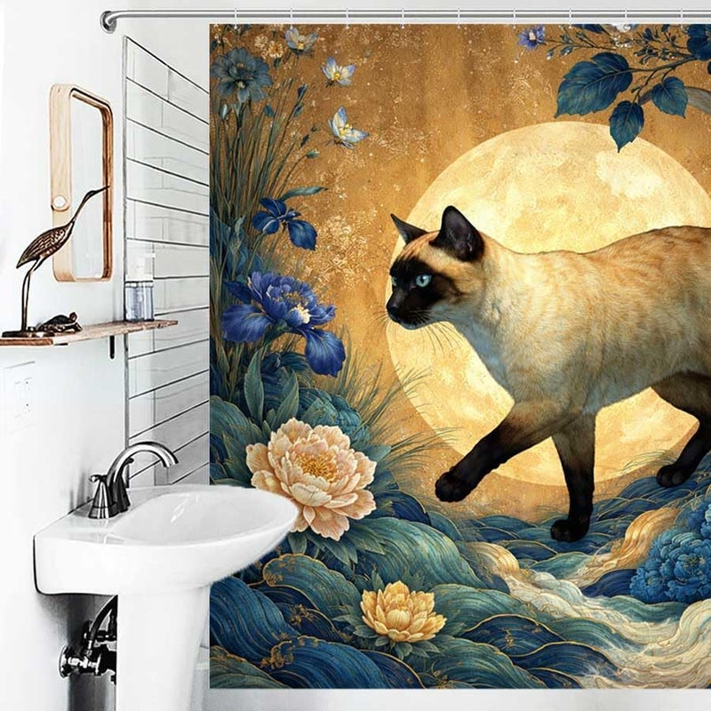 Cat Walking on Waves with Moon and Flowers in BackgroundShower Curtain for Bathroom Waterproof Tan Shower Curtain with Hooks 71 inch x 71 inch - Image 4