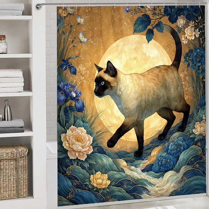 Cat Walking on Waves with Moon and Flowers in BackgroundShower Curtain for Bathroom Waterproof Tan Shower Curtain with Hooks 71 inch x 71 inch - Image 2