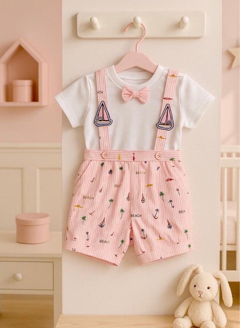 ANDRINA Baby Girls Summer Set, White Shirt with Pink Nautical Print Shorts, Newborn Cotton Beachwear - Image 1