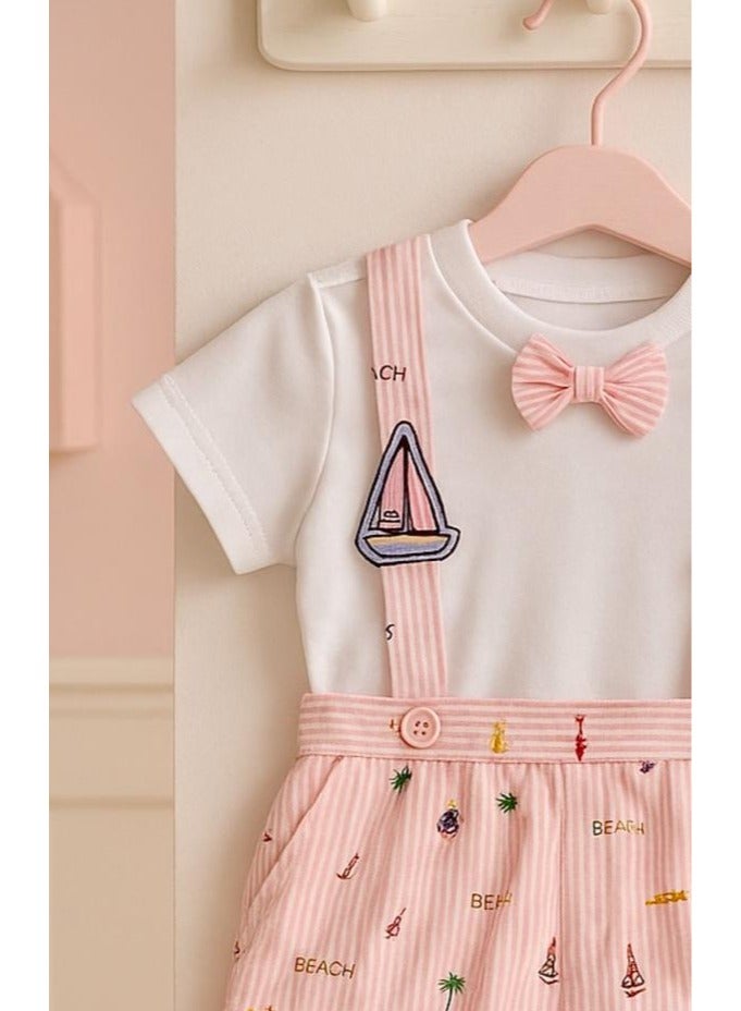 ANDRINA Baby Girls Summer Set, White Shirt with Pink Nautical Print Shorts, Newborn Cotton Beachwear - Image 4