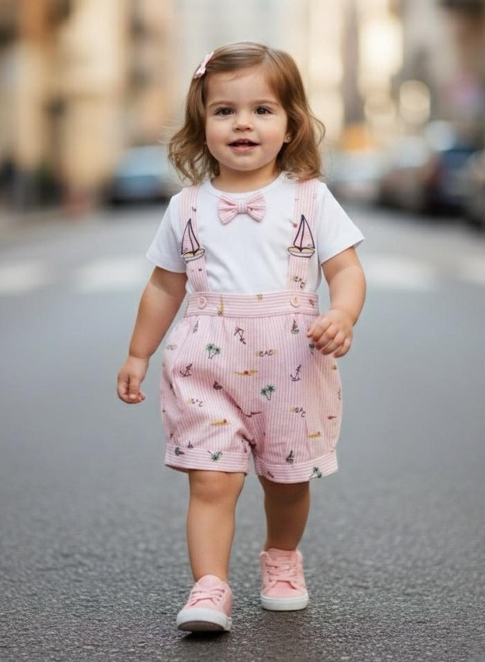 ANDRINA Baby Girls Summer Set, White Shirt with Pink Nautical Print Shorts, Newborn Cotton Beachwear - Image 1
