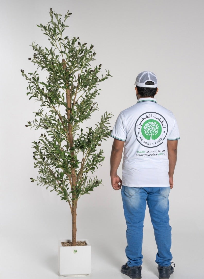 The Green Forest Hight 2.20m , Big Artificial Olive Tree With Real Trunk And Silk Cloth Olive Leaves , Including a luxury Planter Off White Color - Image 1