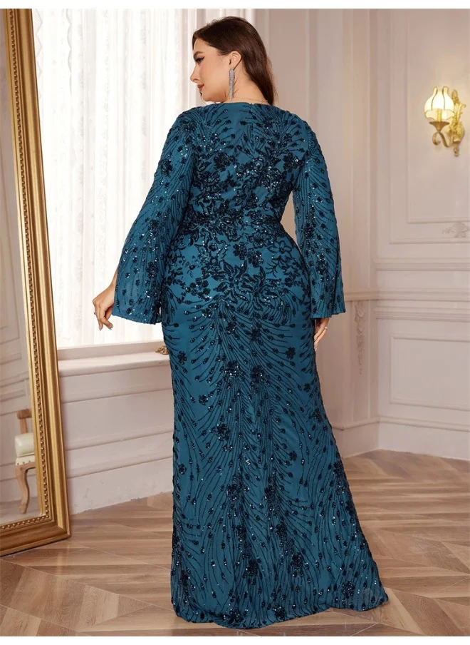 مدام يونيك فستان سهرة طويل بكم طويل على شكل V مزين بالخرز اللامع، بتصميم رائع يناسب الكبار باللون الأزرق.