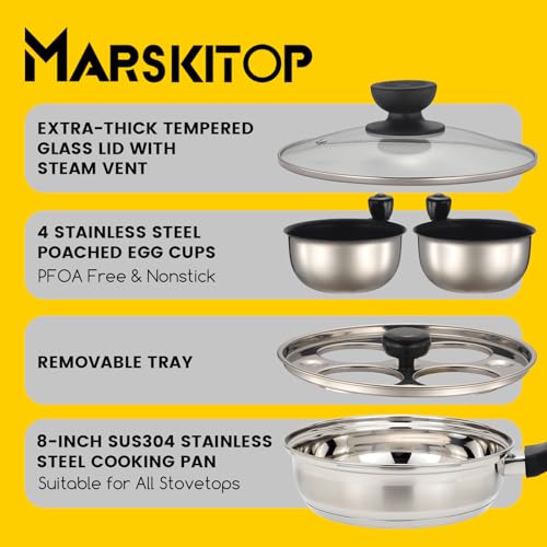 MARSKITOP Egg Poacher Pan Nonstick 4 Eggs, Poached Egg Pan Stainless Steel Poached Egg Cooker, Egg Poaching Pan PFOA Free, Poached Egg Maker with Nonstick Poached Egg Cups - Image 3