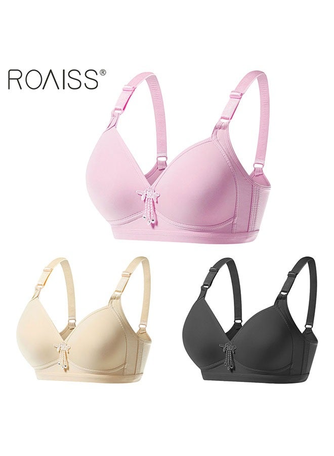roaiss 3 حمالات صدر بدون حواف فولاذية، ملابس داخلية رفيعة من القطن الخالص بدون عظم، حزام كتف قابل للتعديل، 4 صفوف، 3 خطاف - Image 3