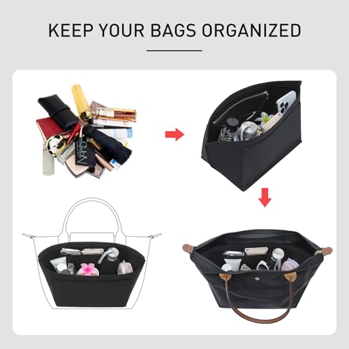 OAikor Felt Purse Organizer Insert Compatible with Longchamp Lepliage M Tote Bag, Zipper Long Champ Medium Organizer Insert with Cup Holder, 8 Compartments Bag Liner Shaper(Black,M) - Image 4