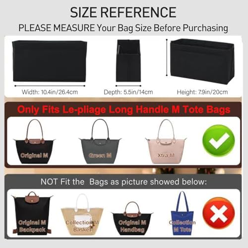 OAikor Felt Purse Organizer Insert Compatible with Longchamp Lepliage M Tote Bag, Zipper Long Champ Medium Organizer Insert with Cup Holder, 8 Compartments Bag Liner Shaper(Black,M) - Image 2