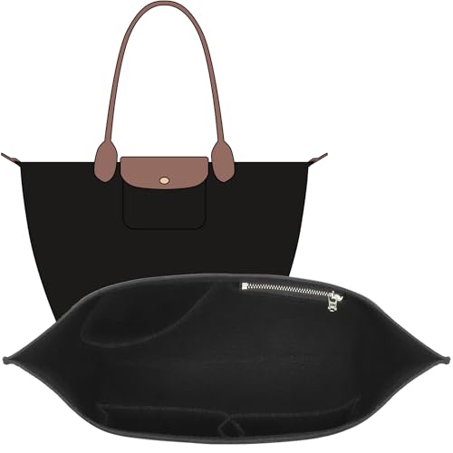 OAikor Felt Purse Organizer Insert Compatible with Longchamp Lepliage M Tote Bag, Zipper Long Champ Medium Organizer Insert with Cup Holder, 8 Compartments Bag Liner Shaper(Black,M) - Image 1