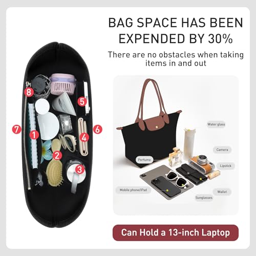 OAikor Felt Purse Organizer Insert Compatible with Longchamp Lepliage M Tote Bag, Zipper Long Champ Medium Organizer Insert with Cup Holder, 8 Compartments Bag Liner Shaper(Black,M) - Image 3