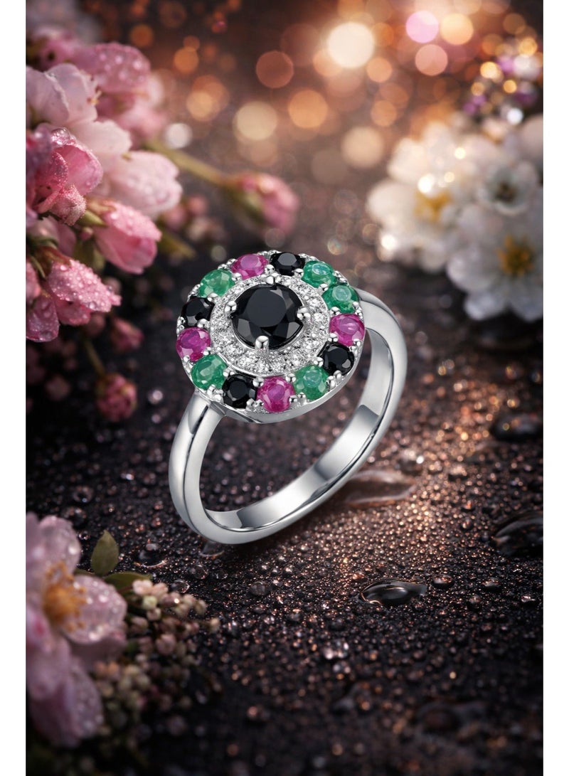 Fine Silver 925 Sterling Silver Women's Multi-Color Gemstone Halo Cluster Ring - Image 2
