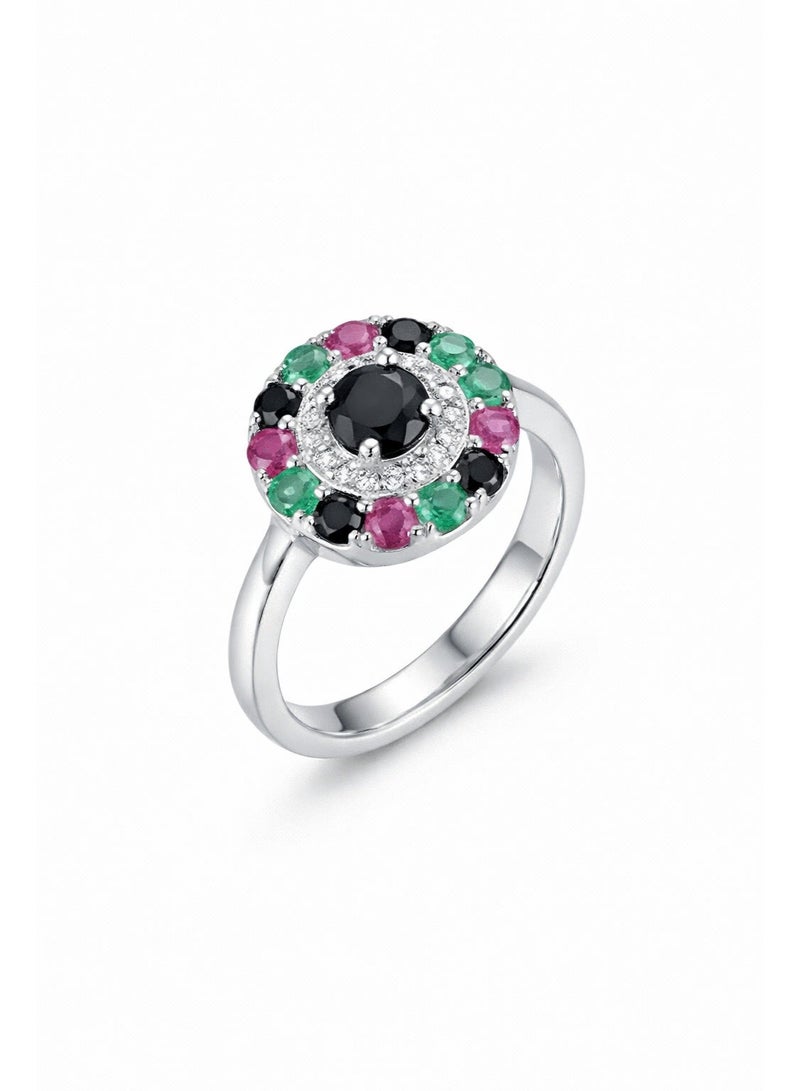 Fine Silver 925 Sterling Silver Women's Multi-Color Gemstone Halo Cluster Ring - Image 1
