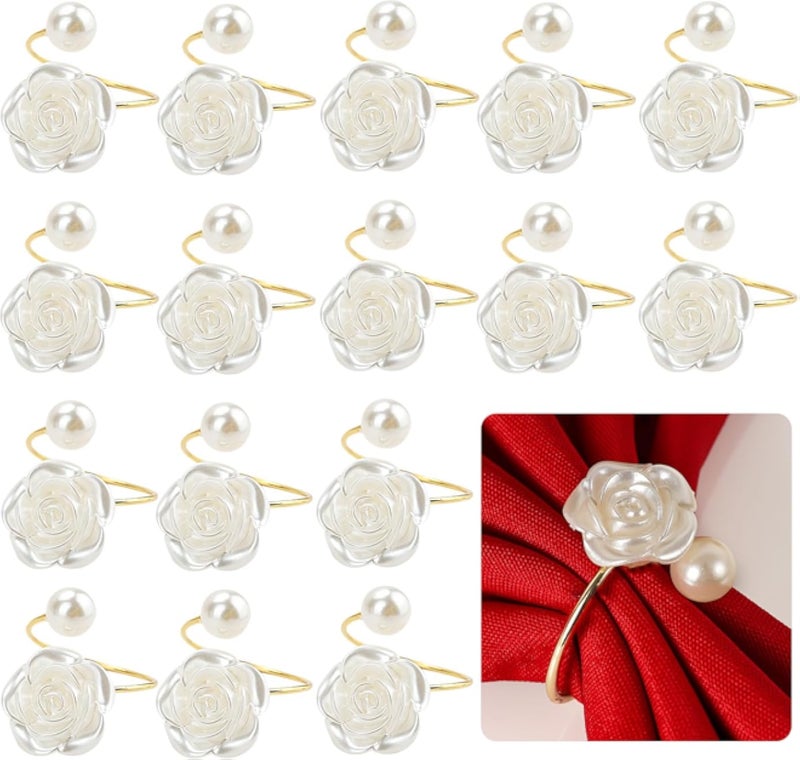 Pearl Napkin Rings Set of 16, Rose Flower Napkin Buckles,Gold Napkin Rings Holders Metal Serviette Buckles for Dinner Wedding Banquet Valentines Day Party Restaurant Kitchen Table Setting