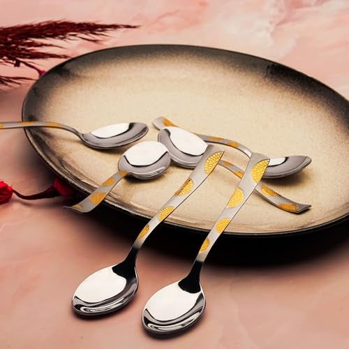 Parage 6 Pieces Stainless Steel 24k Golden Spoons Set, 15.5 cm Long, Premium Spoons for Home & Kitchen, Luxury Dining Gift for House Warming,24 Karat Gold Plated Dinner Spoon, Moonpress Design - Image 4