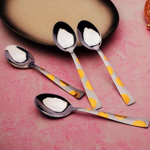Parage 6 Pieces Stainless Steel 24k Golden Spoons Set, 15.5 cm Long, Premium Spoons for Home & Kitchen, Luxury Dining Gift for House Warming,24 Karat Gold Plated Dinner Spoon, Moonpress Design - Image 5