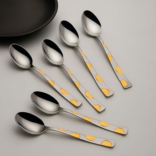 Parage 6 Pieces Stainless Steel 24k Golden Spoons Set, 15.5 cm Long, Premium Spoons for Home & Kitchen, Luxury Dining Gift for House Warming,24 Karat Gold Plated Dinner Spoon, Moonpress Design - Image 1