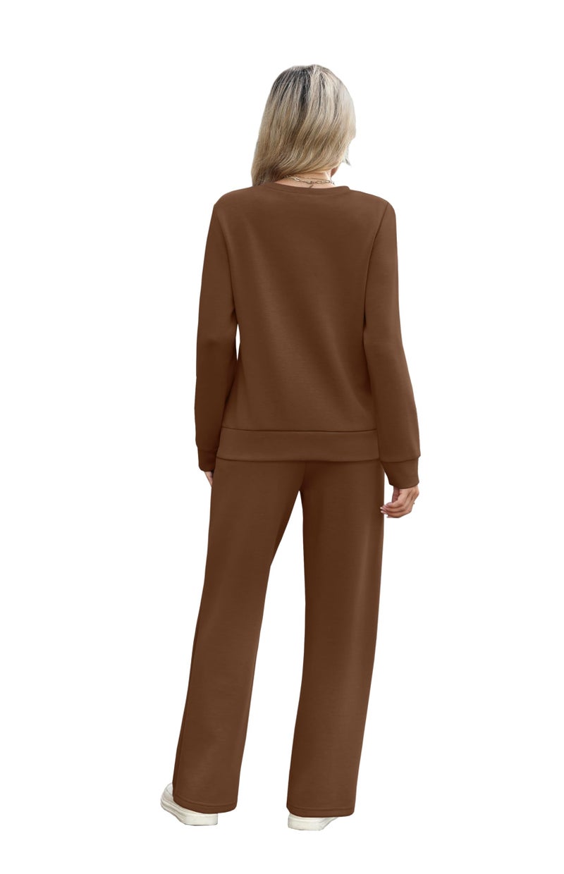 WIHOLL 2 Piece Sets for Women Casual Fall Wide Leg Loungewear Oversized Winter Cozy Tracksuit Women's Two Piece Long Sleeve Outfits Brown 2XL - Image 5