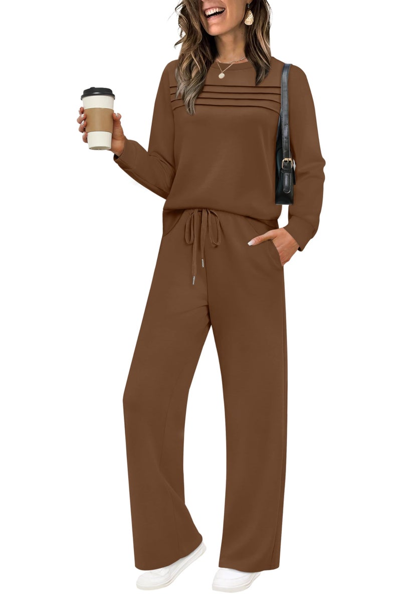WIHOLL 2 Piece Sets for Women Casual Fall Wide Leg Loungewear Oversized Winter Cozy Tracksuit Women's Two Piece Long Sleeve Outfits Brown 2XL - Image 1