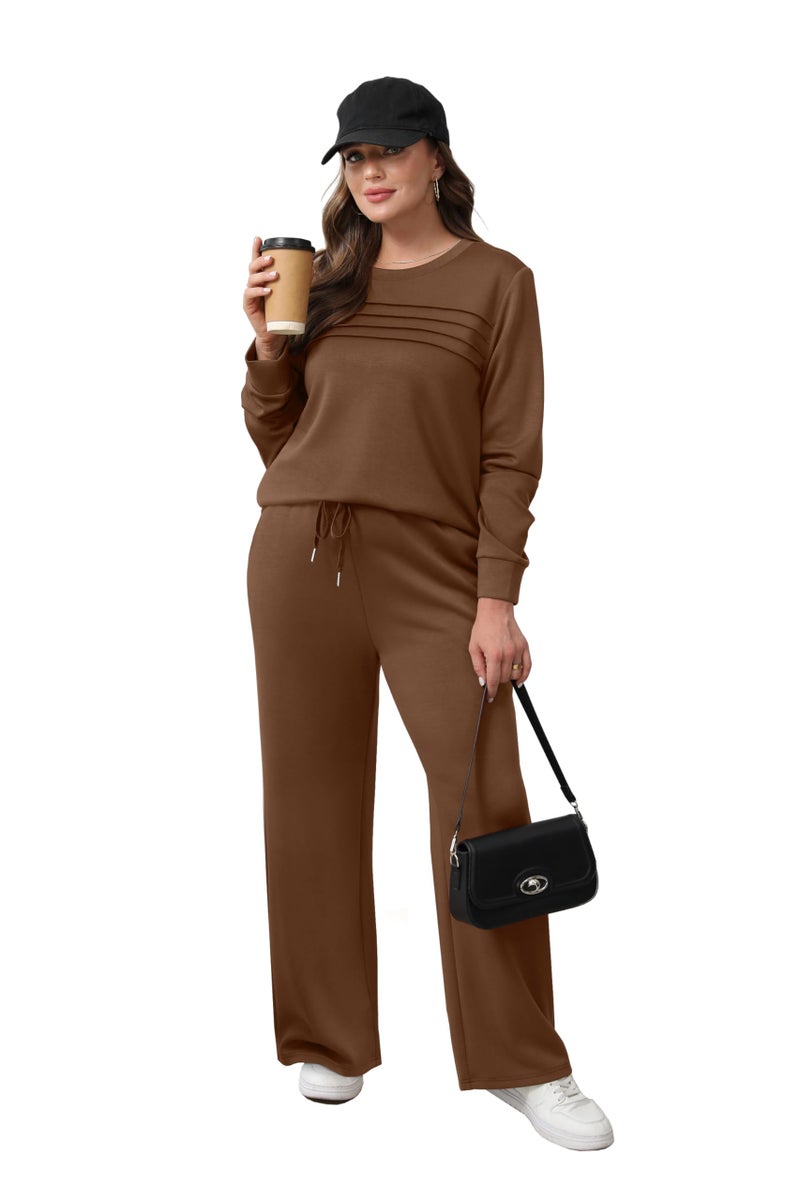WIHOLL 2 Piece Sets for Women Casual Fall Wide Leg Loungewear Oversized Winter Cozy Tracksuit Women's Two Piece Long Sleeve Outfits Brown 2XL - Image 3