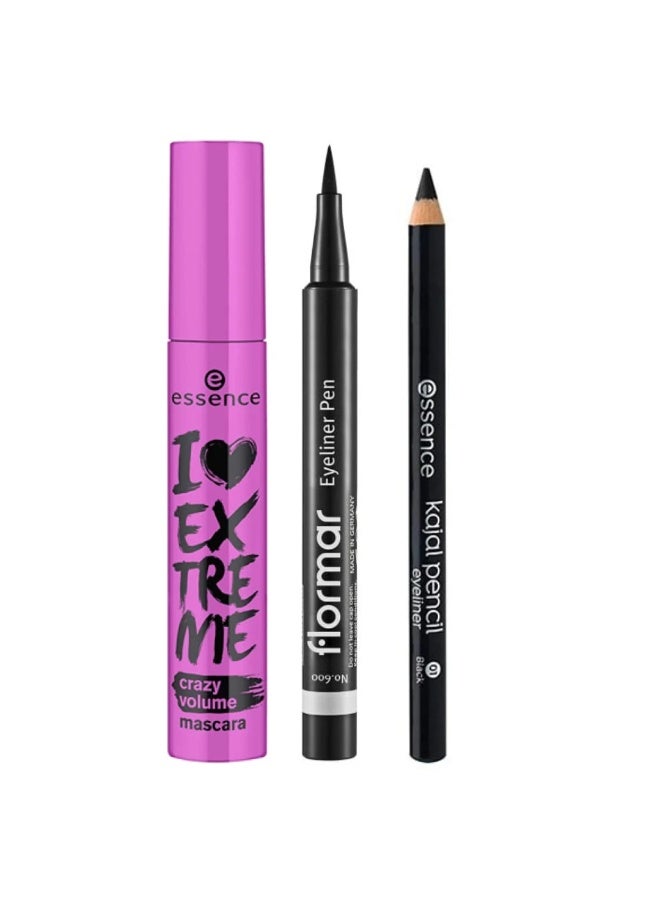 Essence I Love Extreme Crazy Volume Mascara Black 01 & Kajal Pencil 01 Black | Smooth Glide Eye Pencil | Long Lasting Waterproof Kajal | Easy to Apply & Blend | Smudge Resistant Matte Finish | Everyday Eye Makeup Essential | 1g 01 Black & Eyeliner Pen Elp-01 Black Bundle - Image 1