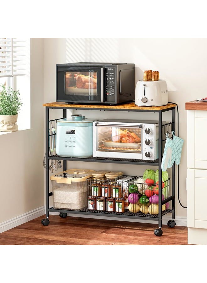 ThreeHio Rolling Kitchen Island Cart, 3 Tier Microwave Table Stand with Adjustable Shelf, Kitchen Storage Utility Cart on Lockable Wheels, Bakers Rack Coffee Bar Shelf Organizer for Ding, Living Room, Office - Image 1