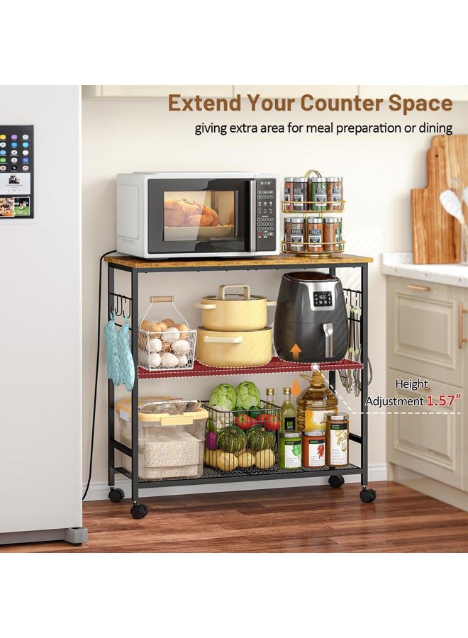 ThreeHio Rolling Kitchen Island Cart, 3 Tier Microwave Table Stand with Adjustable Shelf, Kitchen Storage Utility Cart on Lockable Wheels, Bakers Rack Coffee Bar Shelf Organizer for Ding, Living Room, Office - Image 3