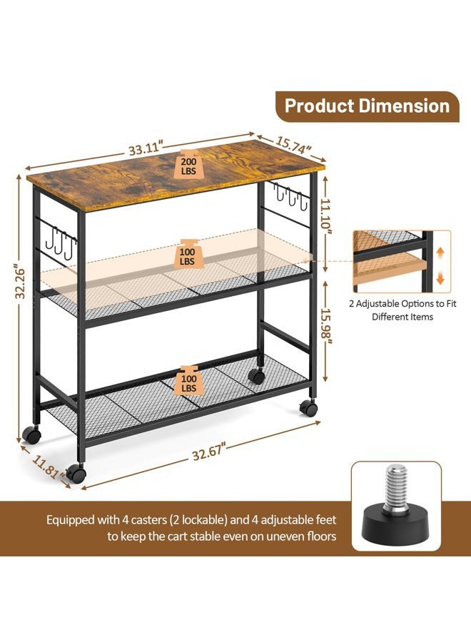 ThreeHio Rolling Kitchen Island Cart, 3 Tier Microwave Table Stand with Adjustable Shelf, Kitchen Storage Utility Cart on Lockable Wheels, Bakers Rack Coffee Bar Shelf Organizer for Ding, Living Room, Office - Image 2
