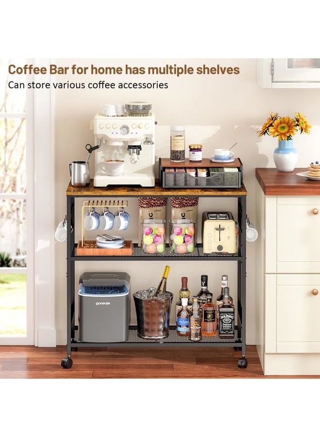 ThreeHio Rolling Kitchen Island Cart, 3 Tier Microwave Table Stand with Adjustable Shelf, Kitchen Storage Utility Cart on Lockable Wheels, Bakers Rack Coffee Bar Shelf Organizer for Ding, Living Room, Office - Image 4
