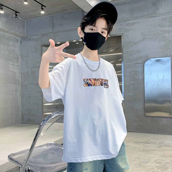 Boys Short-sleeved T-shirt 2025 New Style Top Big Boys Summer Cotton White Summer Wear Children's Trendy Street - Image 1