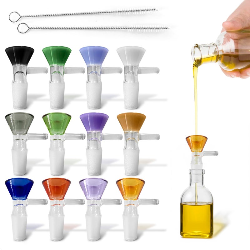 ALPENKOK 12-Pack 14mm Glass Funnel with Handle â€“ Ergonomic Handle for Kitchen & DIY Use, Easy Pouring â€“ Colored Tops, Thick Spill-Resistant Glass Funnels for Liquids and Oils, 2 Cleaning Brushes for Easy Clean - Image 1