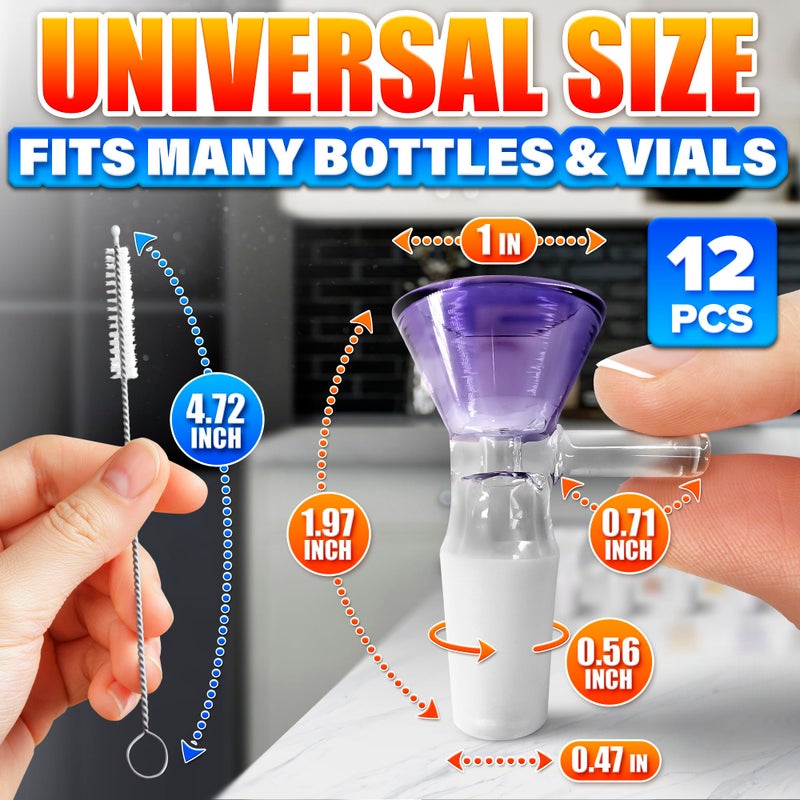 ALPENKOK 12-Pack 14mm Glass Funnel with Handle â€“ Ergonomic Handle for Kitchen & DIY Use, Easy Pouring â€“ Colored Tops, Thick Spill-Resistant Glass Funnels for Liquids and Oils, 2 Cleaning Brushes for Easy Clean - Image 2