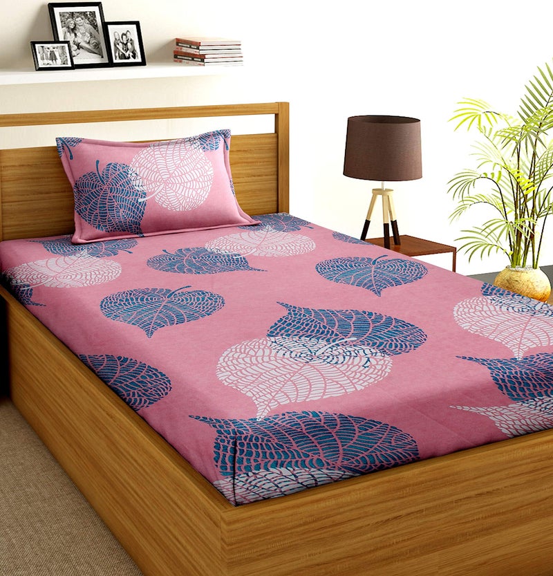 la' amour Glace Cotton 144 Tc Pack of 1 Single Bed Sheets with 1 Pillow Cover| Bed Sheet Size-150 X 225 cm| Pillow Size-43X73 Cm | Pink and Black - Image 1