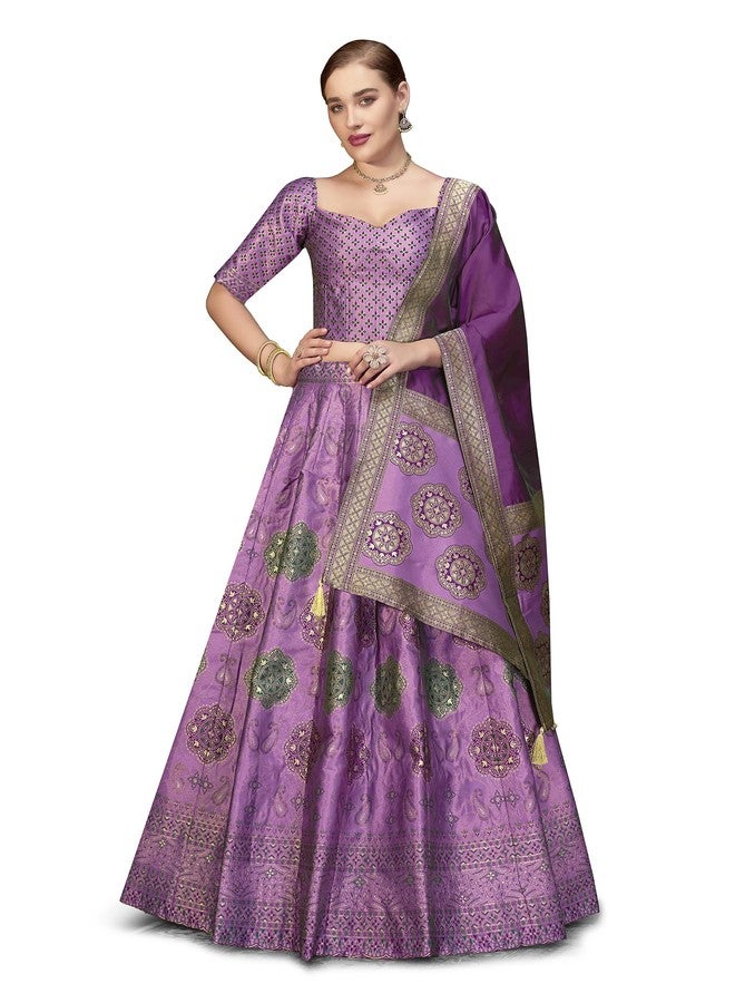 PURVAJA حريمي Kanjiwaram شبه مخيطة Lehenga choli (Bahaar-Purple_Free الحجم) - Image 1