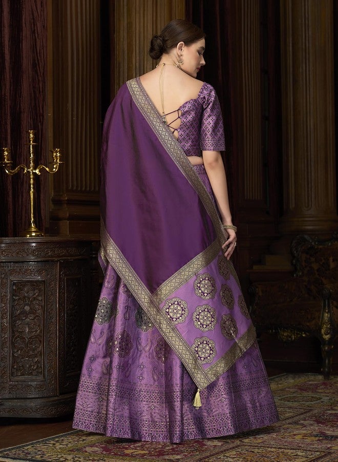 PURVAJA حريمي Kanjiwaram شبه مخيطة Lehenga choli (Bahaar-Purple_Free الحجم) - Image 3