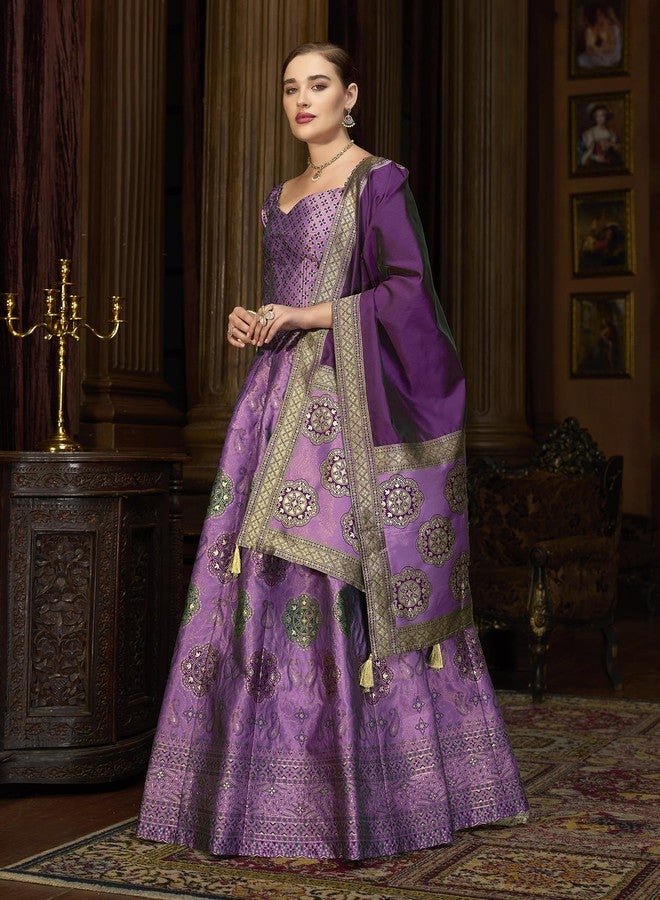 PURVAJA حريمي Kanjiwaram شبه مخيطة Lehenga choli (Bahaar-Purple_Free الحجم) - Image 2