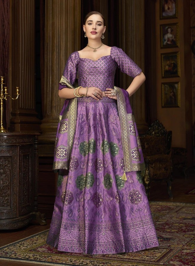 PURVAJA حريمي Kanjiwaram شبه مخيطة Lehenga choli (Bahaar-Purple_Free الحجم) - Image 4