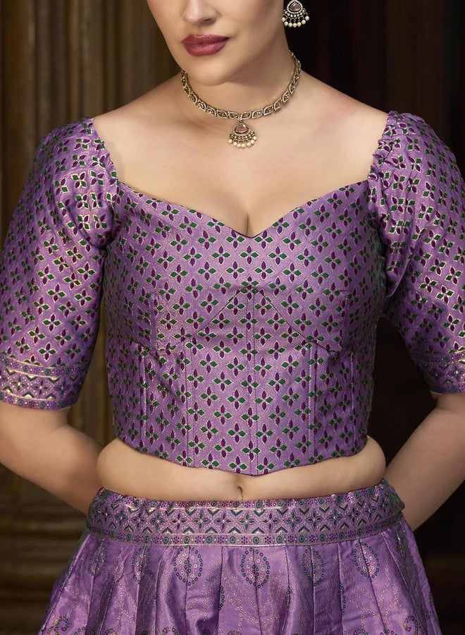 PURVAJA حريمي Kanjiwaram شبه مخيطة Lehenga choli (Bahaar-Purple_Free الحجم) - Image 5